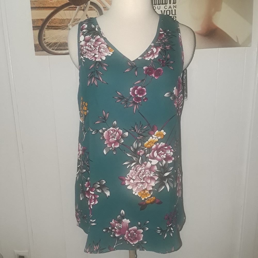 APT 9 teal floral sleeveless shirt sz XS